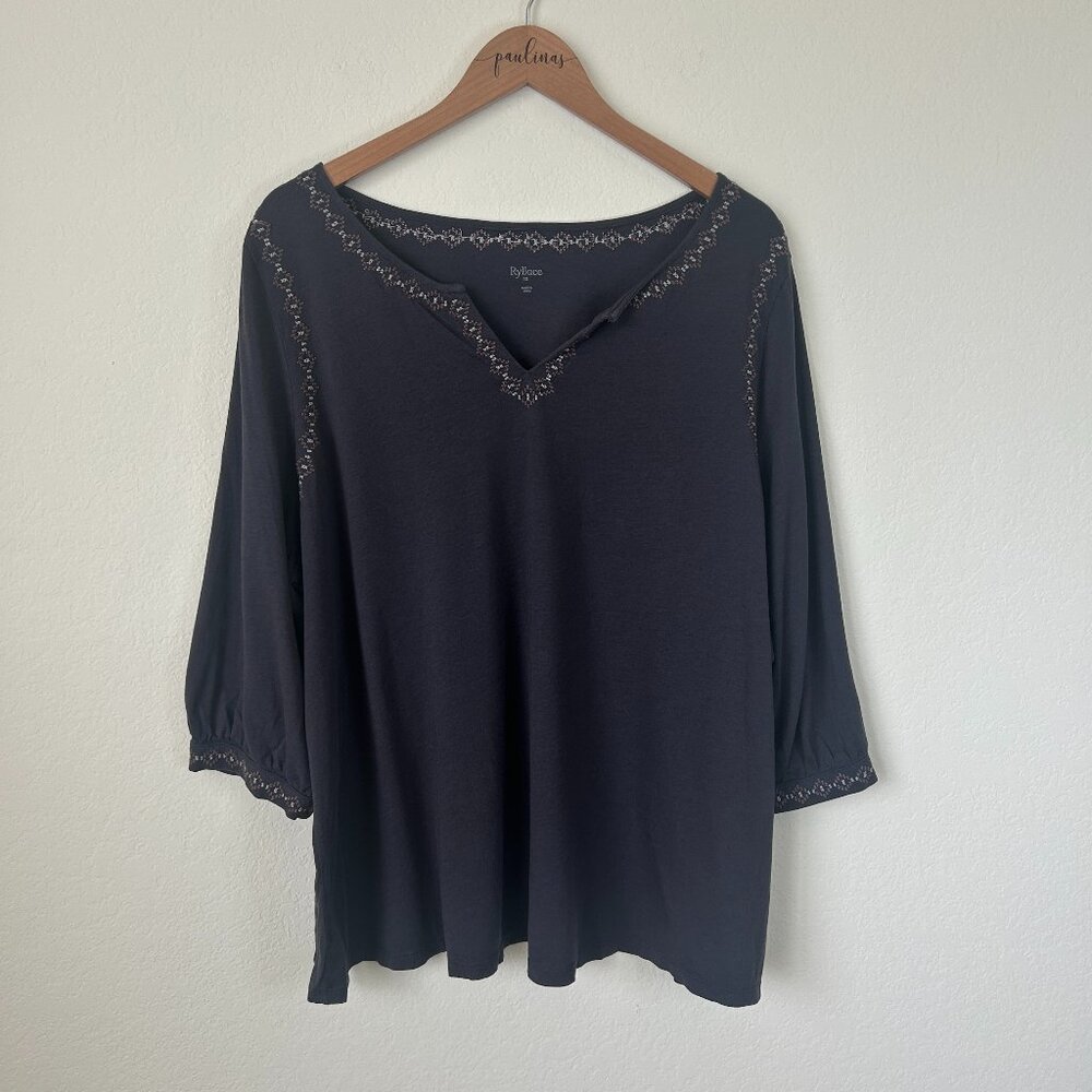 Ryllace Top Womens 2X Plus Dark Gray Organic Cotton Embroidered Tunic